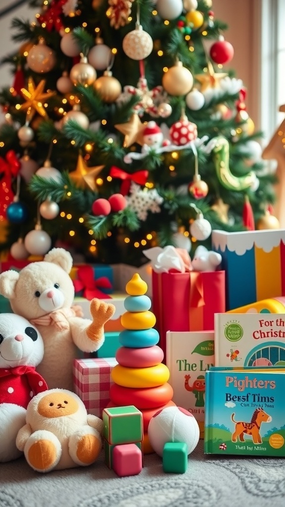 A variety of Christmas gifts for a baby, including plush toys and books, under a Christmas tree.